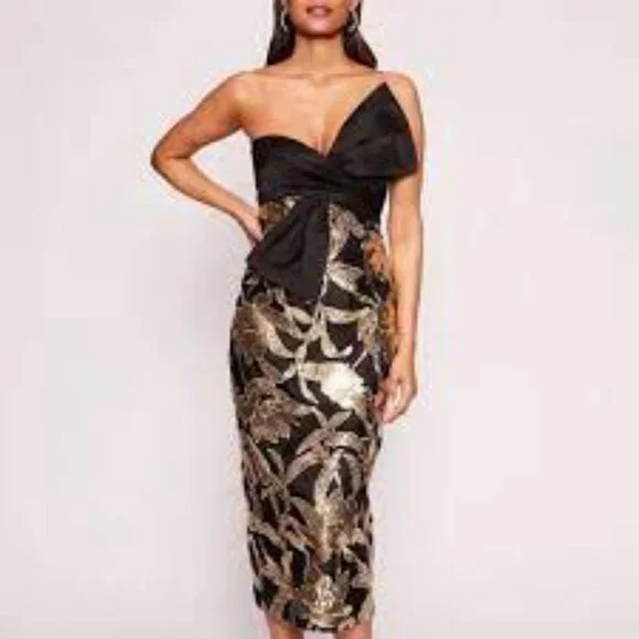 Marchessa Notte Lotus black gold floral sequin bow cocktail holiday midi dress 6 - Picture 1 of 8